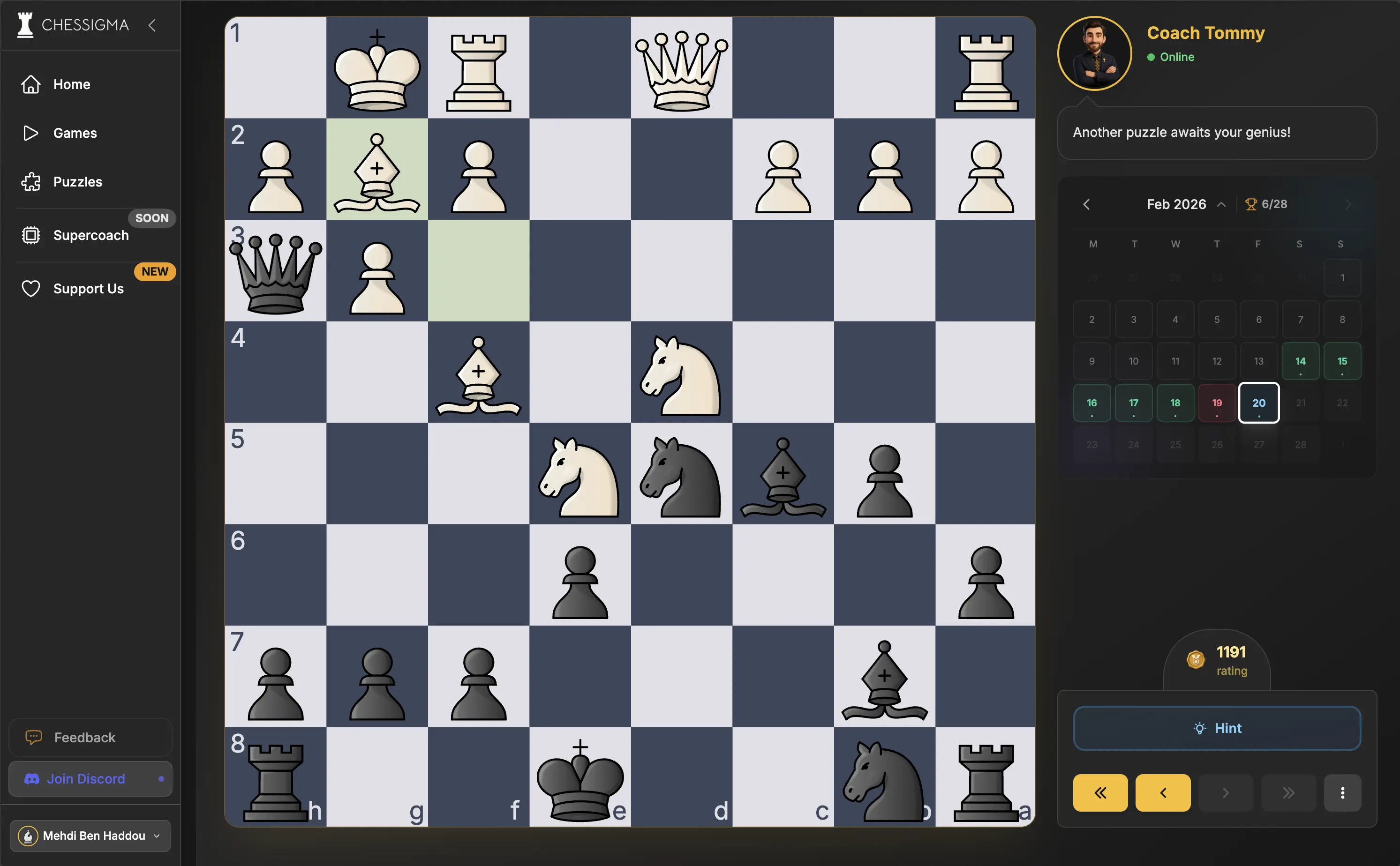 Daily chess puzzle streak tracker on Chessigma showing consecutive days solved