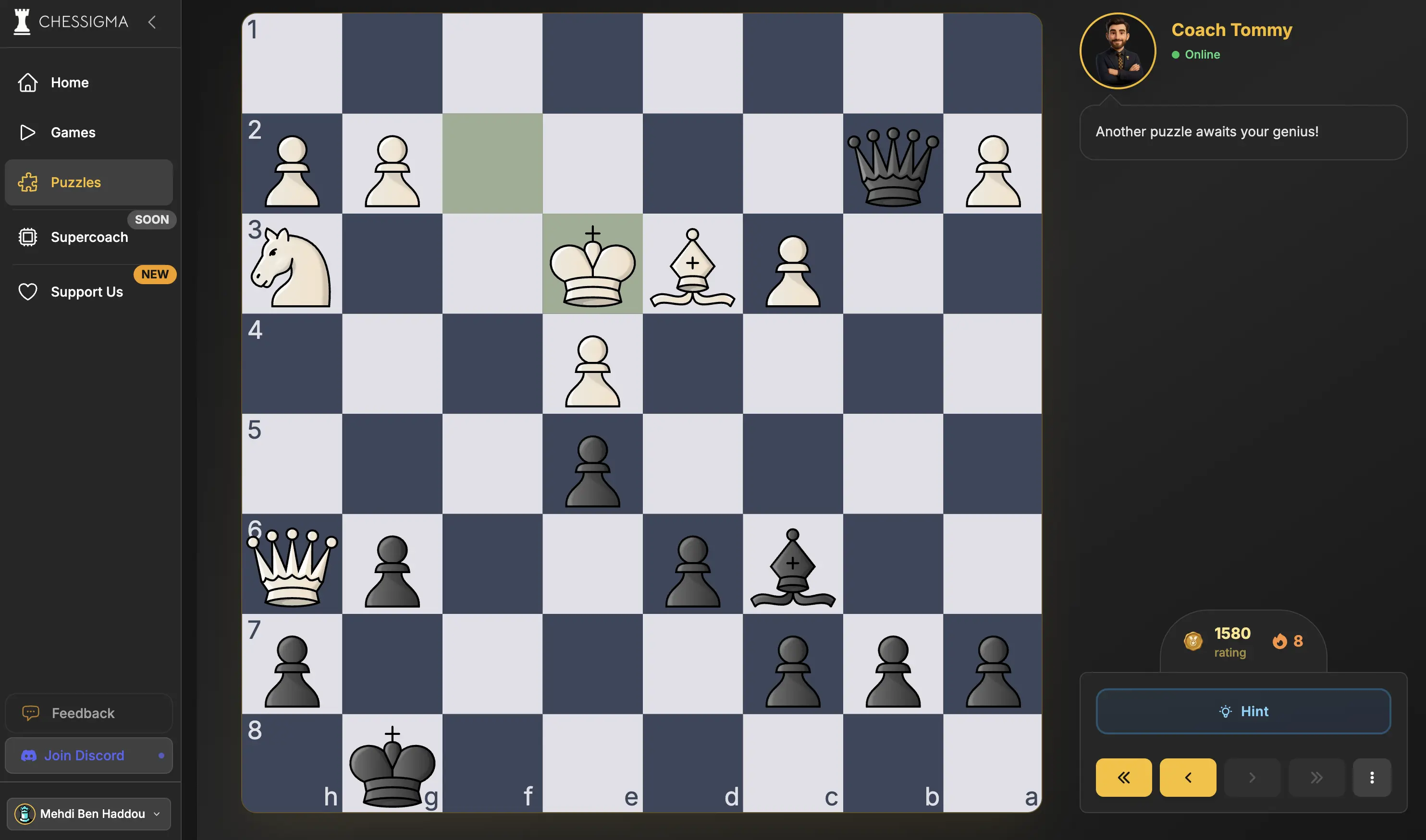 Chessigma puzzle trainer interface showing a hard chess puzzle with evaluation